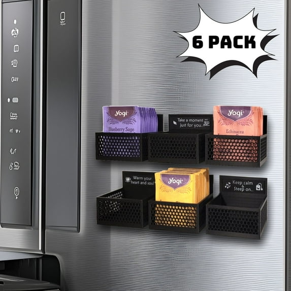 Clovanest Magnetic Tea Bag Organizer for Refrigerator, 6 Pack Tea Organizer for Fridge, Tea Storage Declutter Idea for Kitchen Counter or Shelf. Made in USA.
