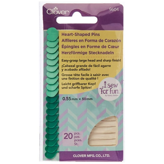 Green Heart Headed Patchwork Pins by Clover measuring 50 by 1half mm 20 pc pack