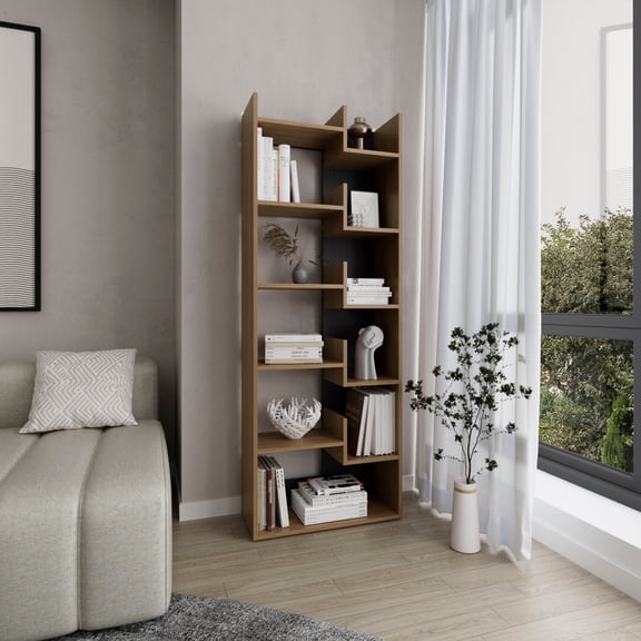 TUHOME Clover 6-Tier Tall Bookcase, 63.8" Narrow Bookshelf, 10 Open Shelves, Natural Oak