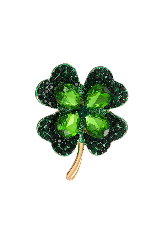 Clover Alloy Rhinestone Lapel Pins for Backpack Clothes Emerald 41.5x46mm
