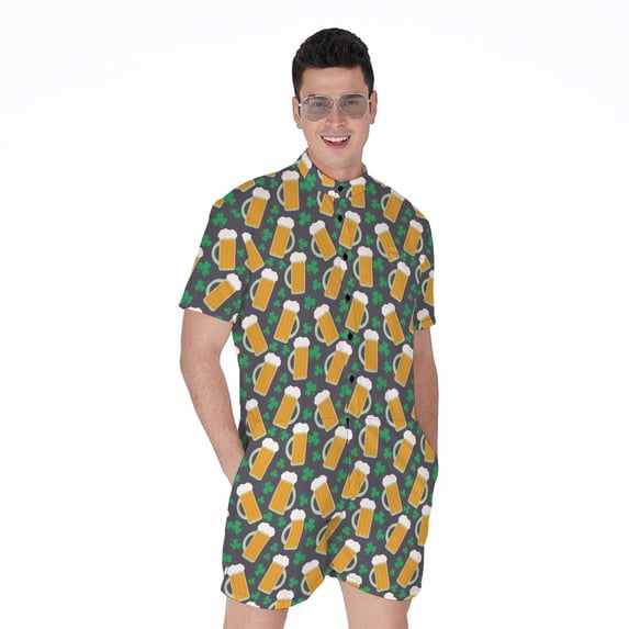 Clover And Beer St. Patrick'S Day Short Sleeve Men'S Rompers, Irish St. Patrick'S Day Casual Summer Jumpsuits Outfit