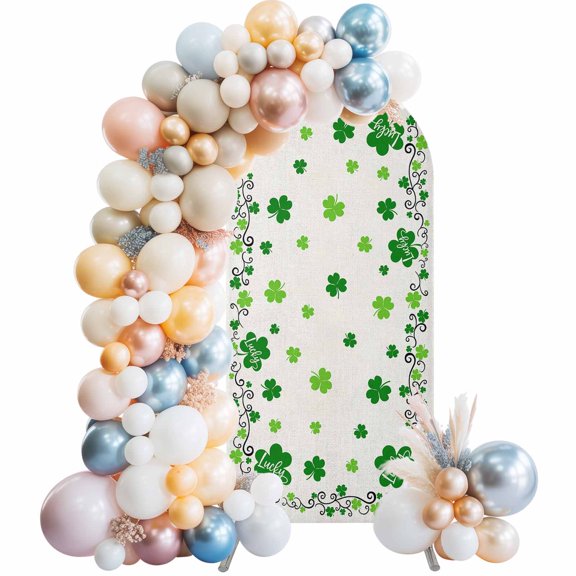 Clover Arch Backdrop Cover 7.2x4 Ft, Spandex Wedding Arch Stand Cover, Happy St. Patrick's Day Retro Green Shamrocks Round Top Stretch Fitted Background Covers for Birthday Ceremony Party Decor