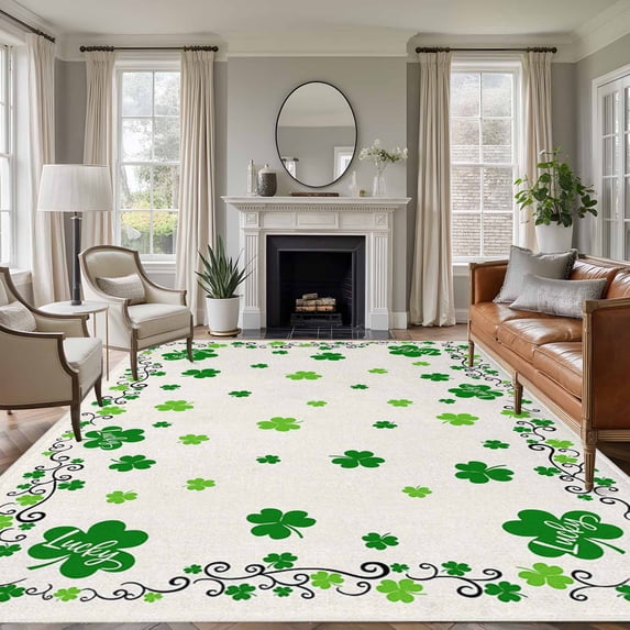 Clover, Area Rug 6x9 FT, Non Slip Living Room Throw Carpet, Happy St. Patrick's Day Retro Green Shamrocks Washable Soft Large Floor Carpet Non-Shedding Rug for Bedroom Dining Room Play Room