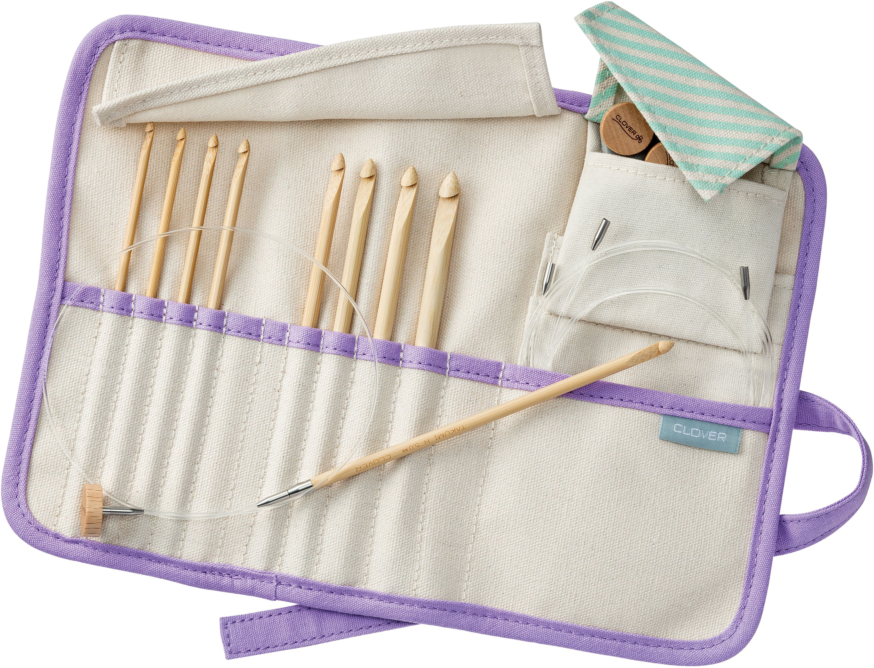 Clover Bamboo Crochet Hook Set with Cord Stoppers, (9 Piece)