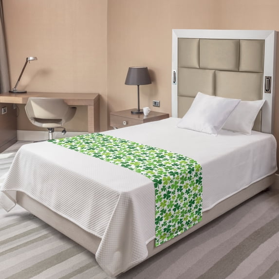 Clover Bed Runner, St Patrick's Day Pattern with Irregular Continuous Shamrocks, Decorative Accent Bedding Scarf for Hotels Homes and Guestrooms, Twin, Green Lime Green, by Ambesonne