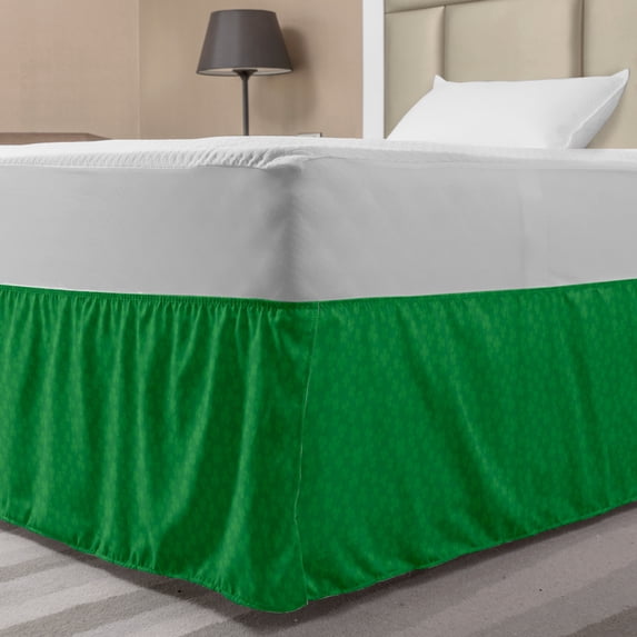 Clover Bed Skirt, Simple Monochrome Repetition of Continuous Irish Shamrock Leaves St Patrick's Day, Elastic Bedskirt Dust Ruffle Wrap Around for Bedding Decor, 4 Sizes, Green, by Ambesonne