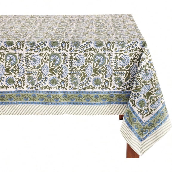 Clover Blue 100 Cotton Rec Fall Tablecloth Handblock Floral Linen Table Cloth for Kitchen Dining Table I Parties Christmas Thanksgiving I Fall Home Decor 60 X 108 Inches I 8 Seater