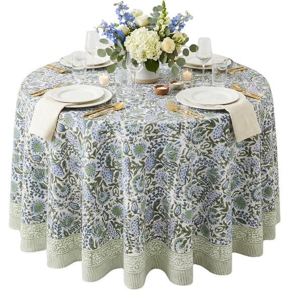 Clover Blue 100% Cotton Round Boho Fall Tablecloth, Handblock Floral Table Cloth Linen for Kitchen Dining I Parties Weddings Outdoors Christmas Thanksgiving I 90" Inches Round I 6-8 Seater