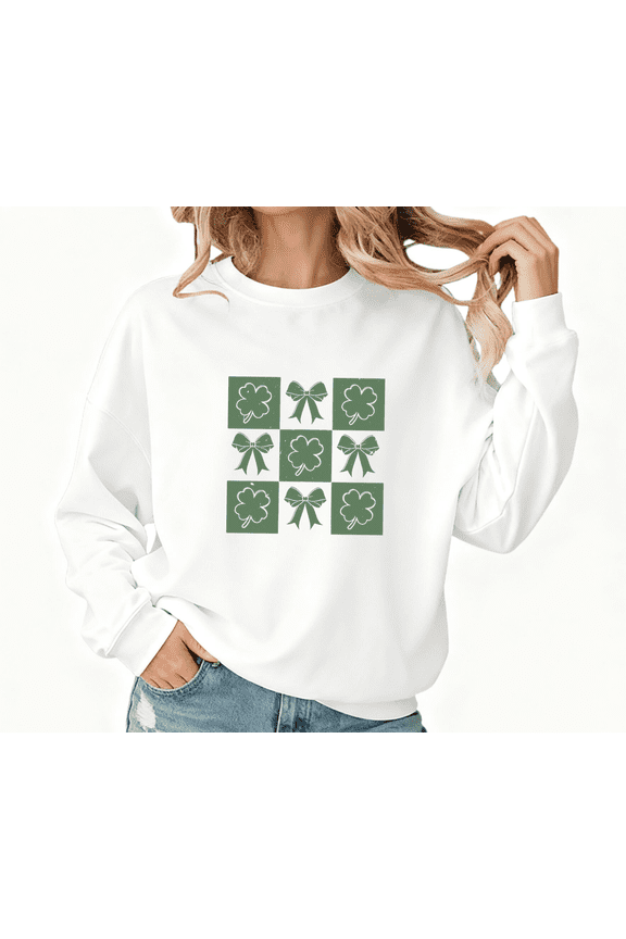 Clover Bow Grid Print Graphic Sweatshirt White S-2XL Womens St Patricks Day Casual Holiday Tops