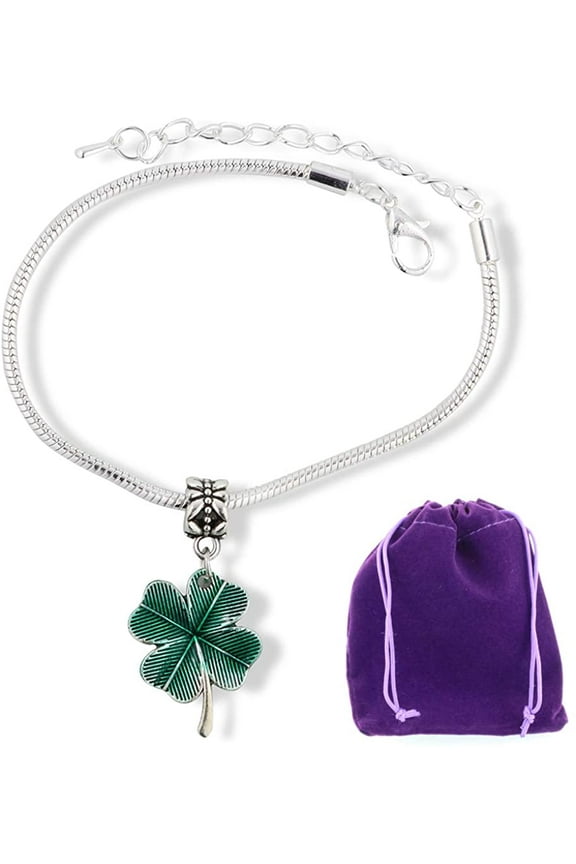 Clover Bracelet | Four Leaf Clover with green Tint Stainless Steel Snake Chain Charm Bracelet