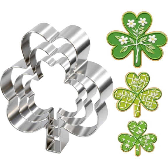 Clover Cookie Mold Set - 3-piece set, clover shape, perfect for St. Patrick's Day baking - sizes 3.9 inches, 3 inches, and 2.2 inches.