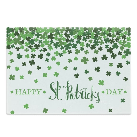 Clover Cutting Board, Happy St Patrick's Day Lettering with Little Shamrocks, Decorative Tempered Glass Cutting and Serving Board, in 3 Sizes, by Ambesonne