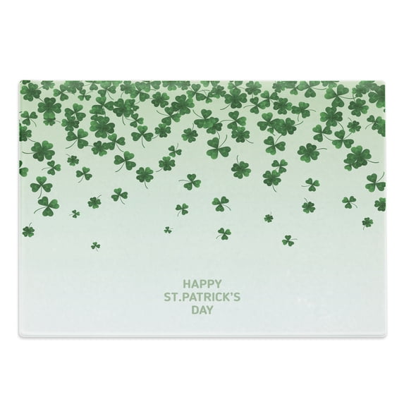 Clover Cutting Board, Happy St Patrick's Day Typography and Luck Spreading Shamrocks, Decorative Tempered Glass Cutting and Serving Board, in 3 Sizes, by Ambesonne