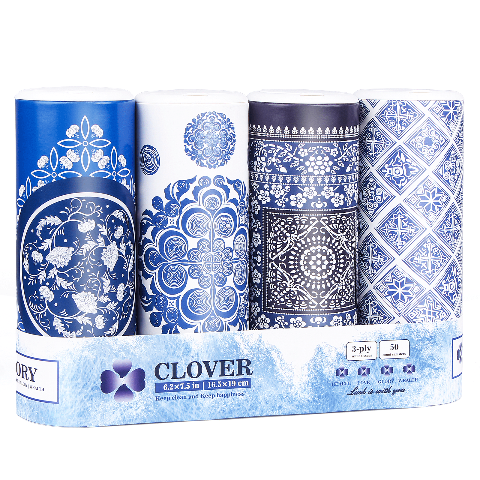 Clover Cylinder Facial Tissues for Car or Small Space，4 Tubes 3-Ply Blue  Car Tissus for Travel 