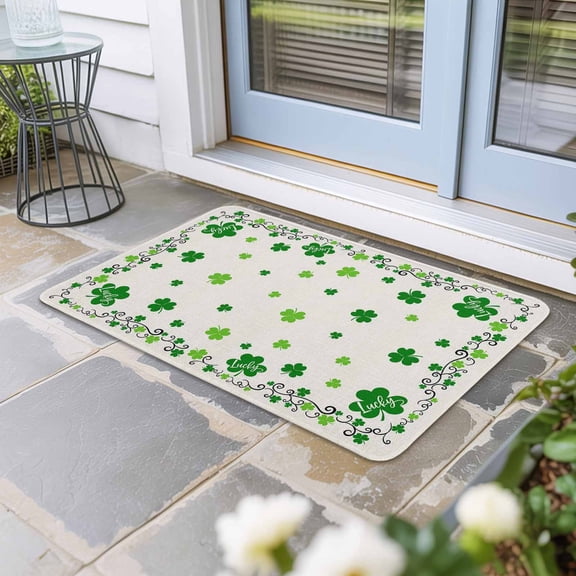Clover Door Mat Indoor Outdoor, Happy St. Patrick's Day Retro Green Shamrocks Non Slip Welcome Mat with Rubber Backing, Absorbent Fabric Front Door Mats Entryway Rug for Home Patio Entrance 16"x24"