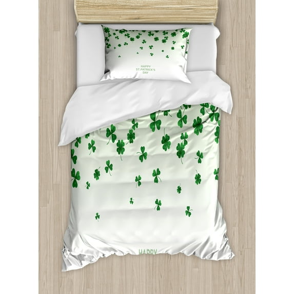Clover Duvet Cover Set, Happy St Patrick's Day Typography and Luck Spreading Shamrocks, Decorative 2 Piece Bedding Set with 1 Pillow Shams, Twin Size, Pale Green and Green, by Ambesonne