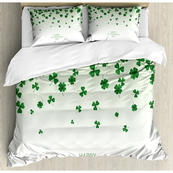 Clover Duvet Cover Set, Happy St Patrick's Day Typography and Luck Spreading Shamrocks, Decorative 3 Piece Bedding Set with 2 Pillow Shams, Queen Size, Pale Green and Green, by Ambesonne