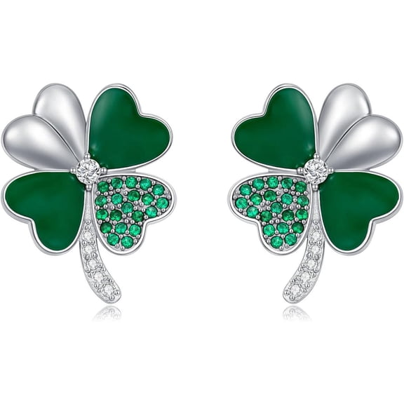Clover Earring St Patricks Day Irish Four Leaf Clover Shamrock Earrings for Women 925 Sterling Silver Fashion Green Love Crystal Emerald Jewelry Christmas Gifts