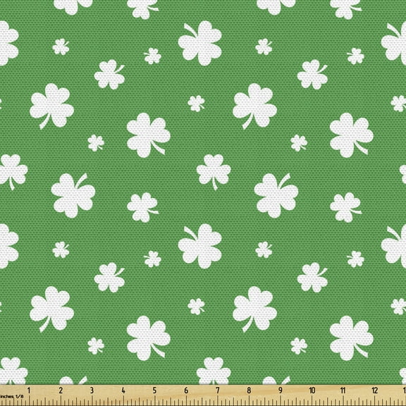 Ambesonne Clover Fabric by the Yard Upholstery, Shamrock Silhouettes Pattern, 1 Yard, Green and White