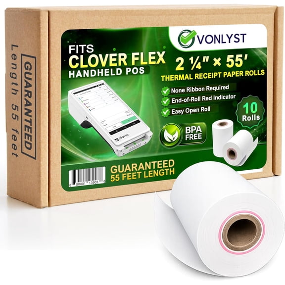 Clover Flex Paper Rolls 2 1/4" x 55’ Thermal Receipt Paper – 10 Rolls Pack - BPA Free POS Printer & Credit Card Machine Compatible C400 C401 C403 C405 C406
