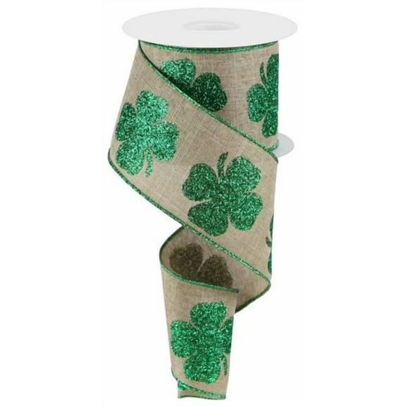 Clover Glitter Wired Edge Ribbon, 2.5" x 10 Yards (Light Natural, Grass Green)