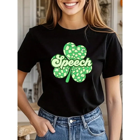 Clover Graphic Print Short Sleeve T-Shirt for Women Round Neck Casual Summer Top