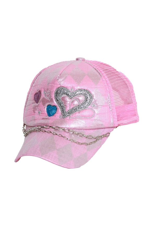 Hearts with Checkered Diamonds Trucker Hat - Pink