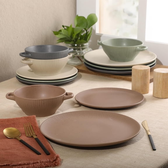 Clover Hill 12-Piece Stoneware Dinnerware Set Assorted  Green Charcoal Taupe Cream Reactive Glaze Microwave Dishwasher Safe Service for 4
