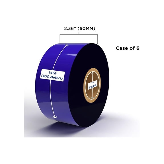 Clover Imaging Non-OEM New Enhanced Wax/Resin Ribbon 60mm x 450M (6 Ribbons/Case) for Zebra Printers, Enhanced Wax Resin for Zebra Industrial Printers XI, Z, ZM, SE, SL, STRIPE, PAX. 1.0" ID, CSO (60mm x 450M) (2.36" x 1476') (6/CS)
