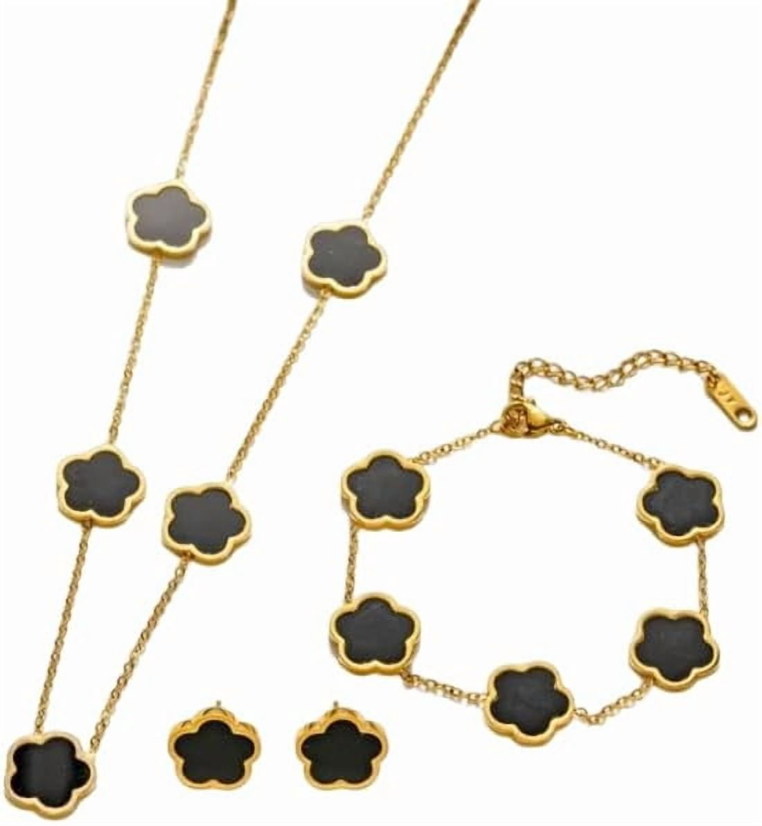 Clover Jewelry Set 18K Gold Plated Stainless Steel Necklace with Flower Design Four leaf clover for Women, Elegant Four Leaf Clover Necklace Floral Style Jewelry