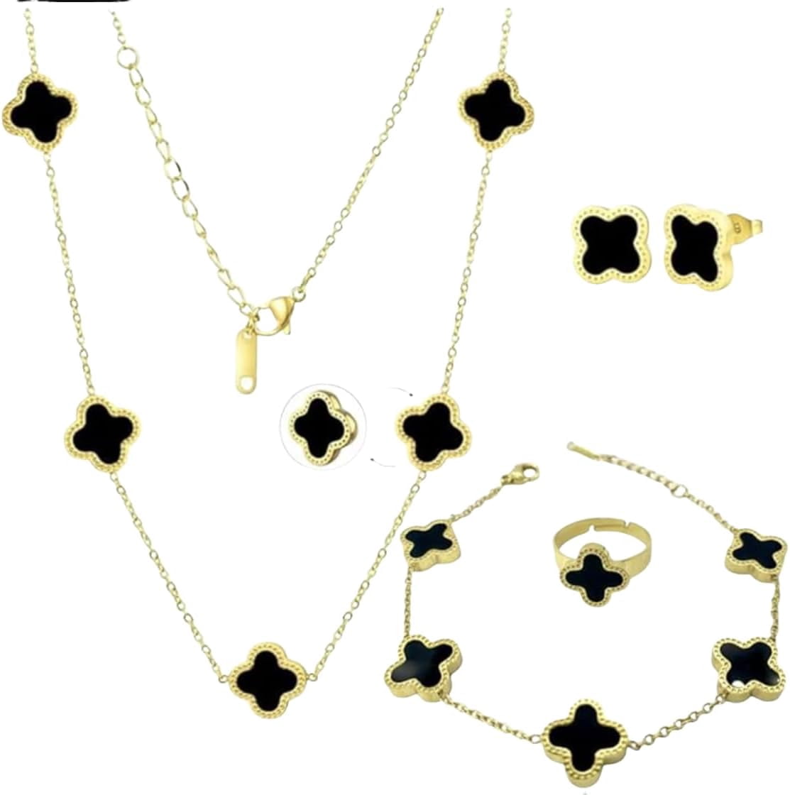 Clover Jewelry Set 18K Gold Plated Stainless Steel Necklace with Flower Design Four leaf clover for Women, Elegant Four Leaf Clover Necklace Floral Style Jewelry
