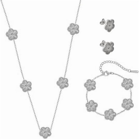 Clover Jewelry Set 18K Gold Plated Stainless Steel Necklace with Flower Design Four leaf clover for Women, Elegant Four Leaf Clover Necklace Floral Style Jewelry