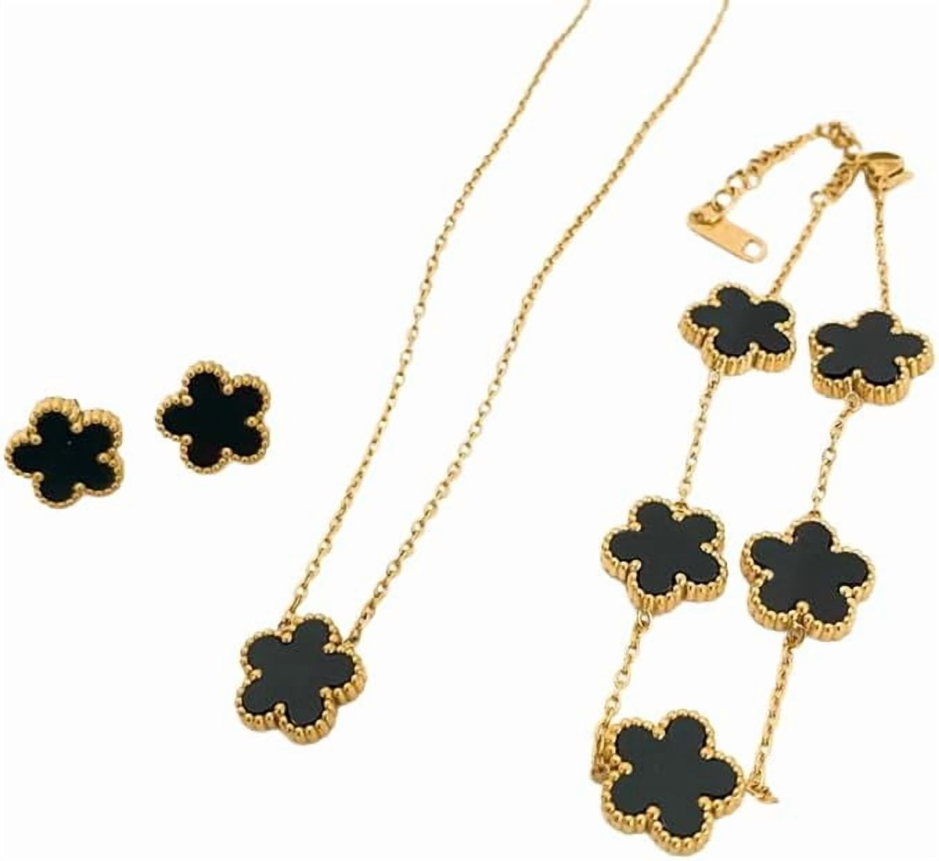 Clover Jewelry Set 18K Gold Plated Stainless Steel Necklace with Flower Design Four leaf clover for Women, Elegant Four Leaf Clover Necklace Floral Style Jewelry