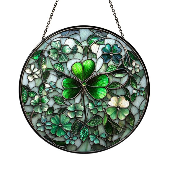 Clover Leaf Botanical Stained Glass Suncatcher Window Hanging Decor, Green Clover Pattern Stained Glass Style Round Panel, Nature Inspired Window Art Ornament Decorative Home Window Decor