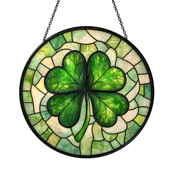Clover Leaf Stained Glass Style Suncatcher Window Hanging, Botanical Green Leaf Window Ornament with Clover Design
