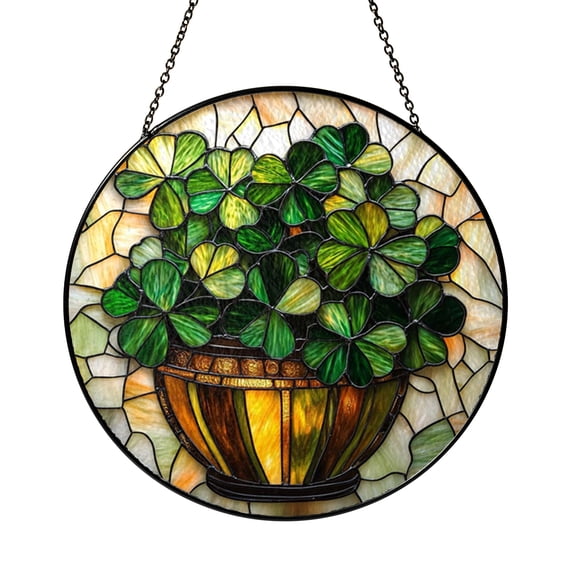 Clover Leaf Stained Glass Suncatcher Window Hanging Decor, Botanical Green Leaf Window Ornament with Four Leaf Clover Design, Decorative Nature Window Art