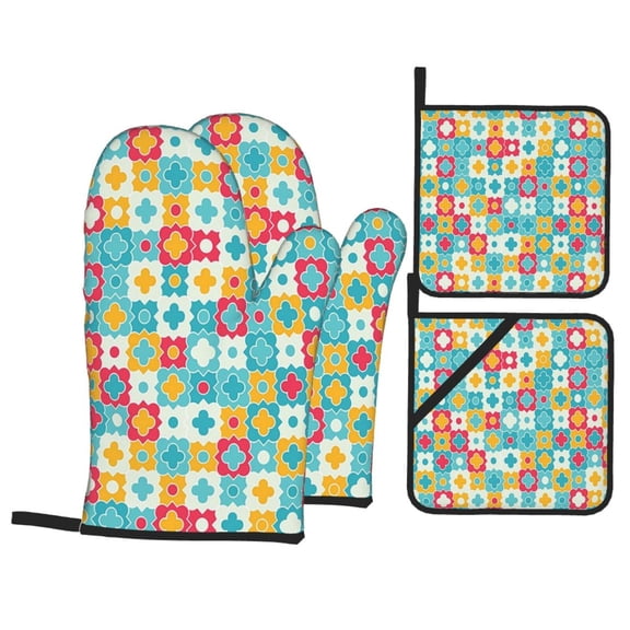 Clover Leaves Oven Mitts And Pot Holders Sets 4pcs, Heat Resistant Oven Gloves Potholder For Home Kitchen Decorations Cooking Baking BBQ Gifts