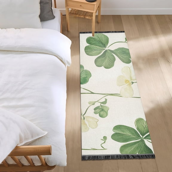 Clover Leaves White Florals Bedside Runner Rug 2'x 6' Non Slip Carpet Floor Mat Area Rug