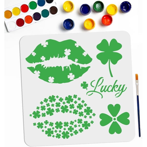 Clover Lips Stencil 11.811.8inch St. Patrick's Day Shamrock Drawing Stencil with Paint Brush Reusable Four Leaf Clover Lucky Lipstick Mouth Stencil