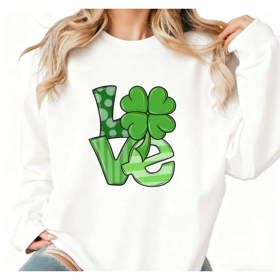 Clover Love Text Design Graphic Sweatshirt Womans Print Sweatshirt White St Patricks Day Relaxed Pullover S-3XL Tops