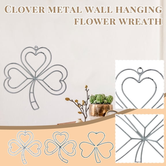 Clover Metal Wall Hanging Wreath Frame, St. Patrick's Day Shamrock Wire Wreath Form with Heart-Shaped Petals, DIY Craft Floral Hoop for Front Door, Home Decor