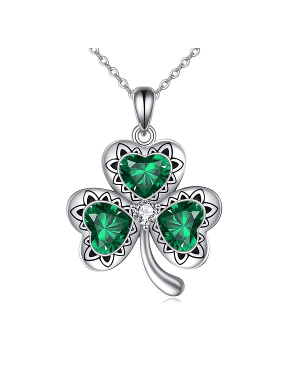 Clover Necklace Sterling Silver Shamrock Pendant Necklaces with Crystal Irish Jewelry St Patricks Day Lucky Gifts for Women