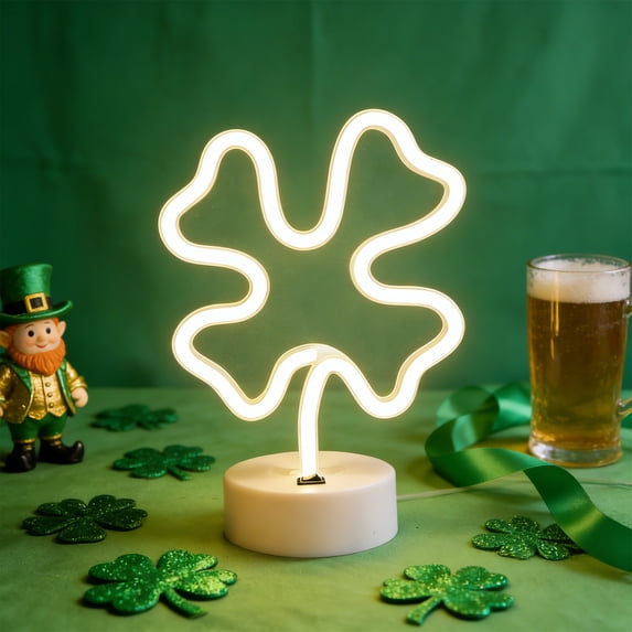 Clover Neon Signs With Holder Base,Shamrock Neon Sign, St. Patrick's Day Decorations with USB/Battery Powered,LED Table Decoration, Bedroom,Home, Office Tablelet Night Light Decor, Birthday Gift