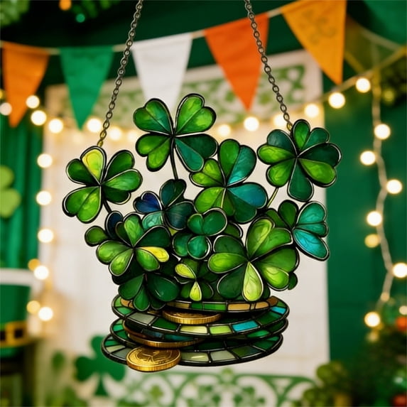 Clover Pendant Window Decor, 2d Acrylic Disc, St. Patrick's Day Porch Chain, Outdoor Indoor Hanging Ornament, Faux Four-leaf Decoration, Topliu