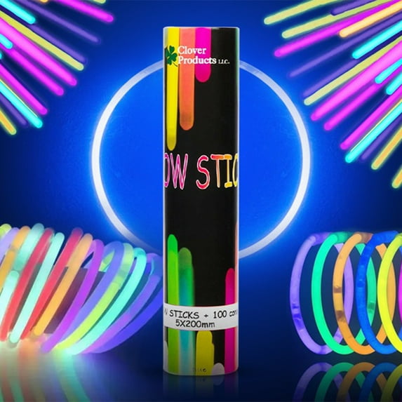 Clover Products 100 Pcs Glow Sticks 8" and Connectors Neon Glow Sticks for Bracelets, Rings Necklace, Eye Glasses, and Balls for Party Supplies - Glow in The Dark Fun Party Pack for Kids and Adults.
