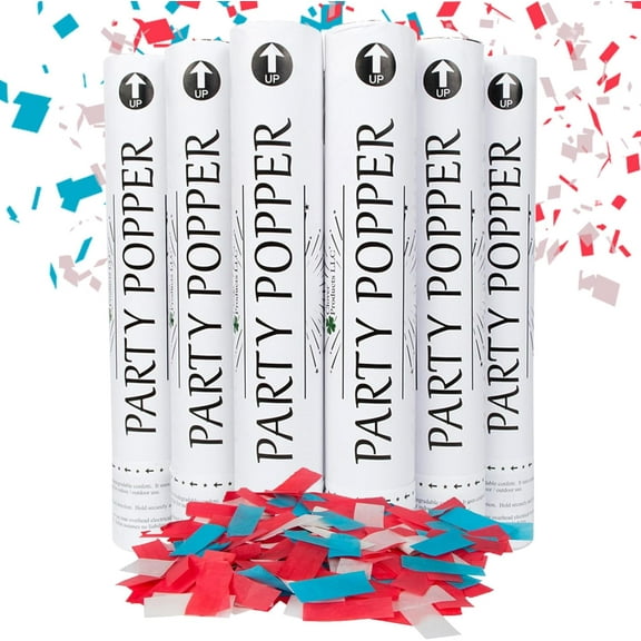 Clover Products Large Premium Red, White, & Blue Confetti Cannon - (6 Pack) Red, White & Blue Biodegradable Paper Confetti Popper | Launches Confetti 20-25 Feet