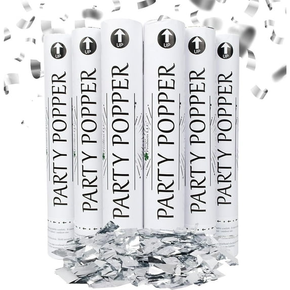 Clover Products Premium Large Premium Confetti Cannon - 6 Pack Silver Mylar Confetti Popper | Compressed Air Launches Confetti 20-25 feet | Party Poppers for any Celebration.