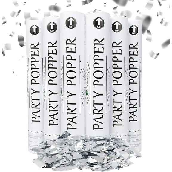 Clover Products Premium Large Premium Confetti Cannon - 6 Pack Silver Mylar Confetti Popper | Compressed Air Launches Confetti 20-25 feet | Party Poppers for any Celebration.
