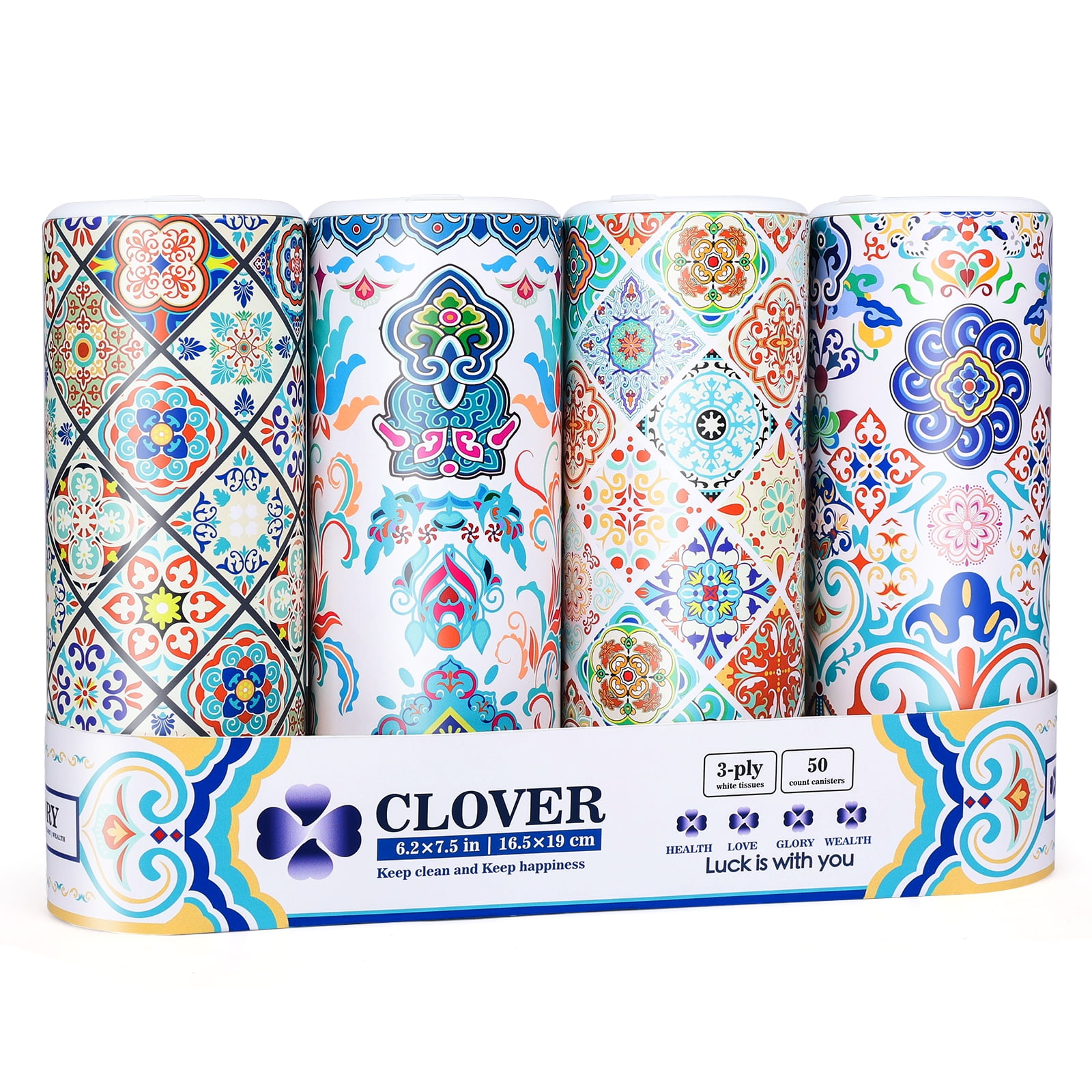 Clover Round Facial Tissues for Car or Small Space，4 Tubes 3-Ply  Multi-Color Car Tissus for Travel 