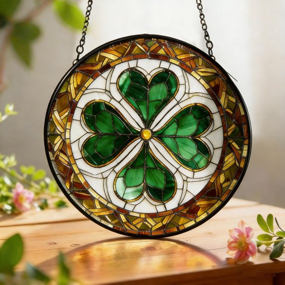 Clover Round Faux Stained Glass Acrylic Suncatcher, Window Hanging Decor, Home Decor Gift